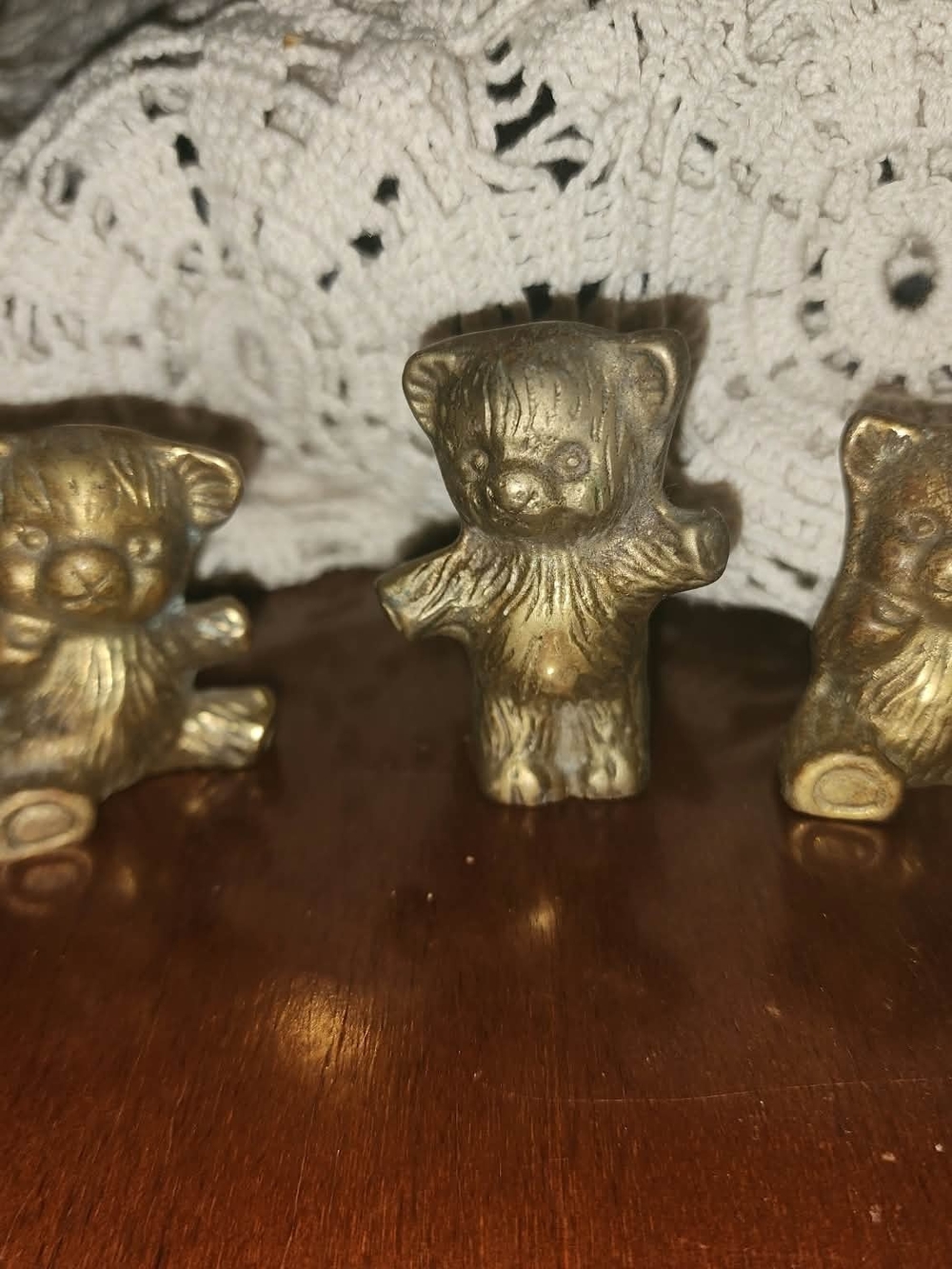 Solid Brass Set Of Three Teddy Bear Figurine - Decorative Home Accent